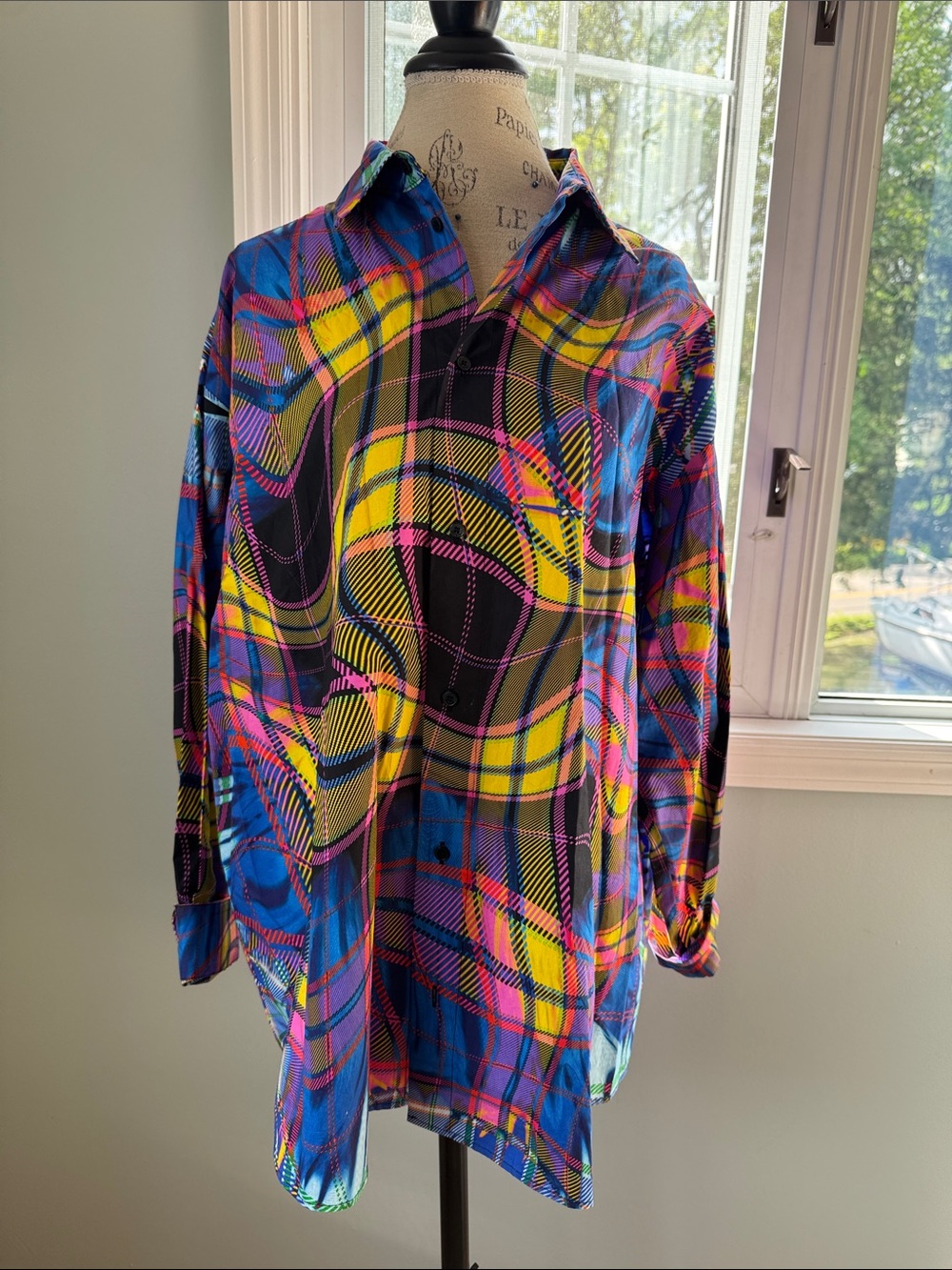 María Escoté Oversize unisex distorted psychedelic Plaid Shirt OS - Picture 2 of 9